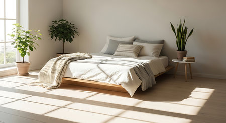 Modern bedroom with white walls, wooden floor, comfortable king size bed with blanket and plant in vase. 3d renderの素材