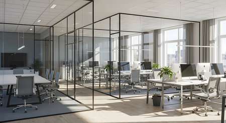 Modern open space office with glass walls, wooden floor and rows of computer tables. 3d rendering mock upの素材
