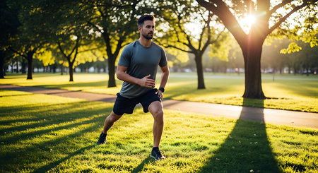 Young man running in the park at sunrise. Healthy lifestyle concept.の素材