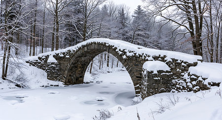 Old stone bridge over frozen river in winter forest. Beautiful snowy winter landscape.の素材