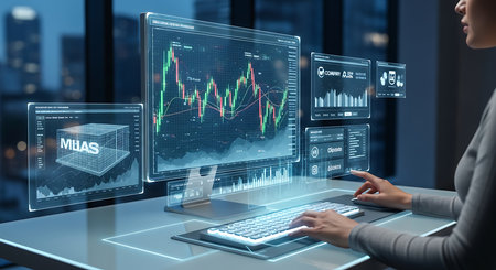 Close up of businesswoman working with laptop and virtual panel with forex chartの素材