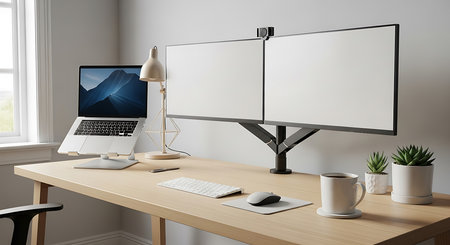 3D Rendering : illustration of work table with blank screen computer monitor, keyboard, mouse, lamp, coffee cup and other objects.の素材
