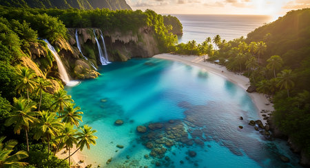Tropical beach with waterfall and turquoise water at sunsetの素材