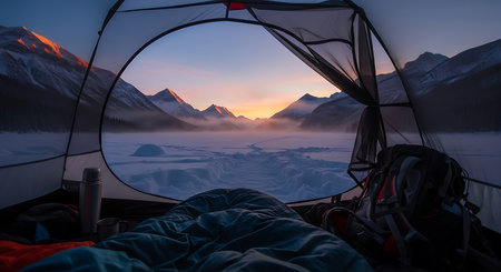 Camping tent on the top of the mountain with a view of the glacier.の素材