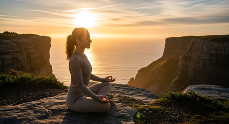 Young woman practicing yoga on the cliff at sunset. Healthy lifestyle.の素材