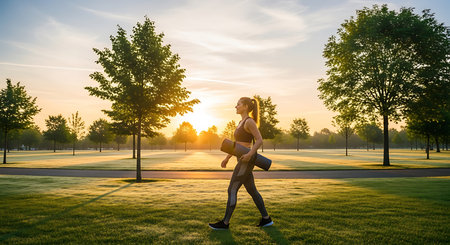 Athletic young woman running and jogging in the park at sunsetの素材