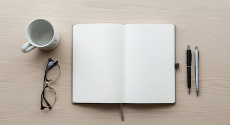 Top view of office desk with blank notebook, pen, glasses and coffee cupの素材
