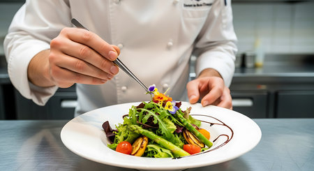 Chef preparing a salad in a restaurant kitchen. Chef decorating dishの素材
