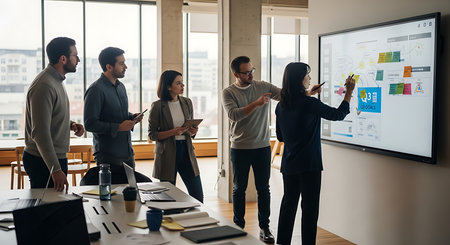 Group of young business people working and communicating together in modern office.の素材