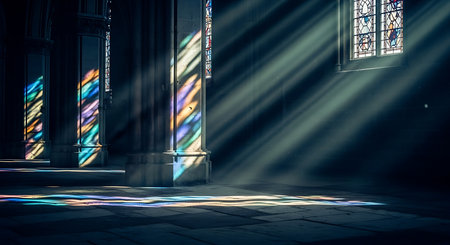 interior of gothic church with rays of light and smokeの素材