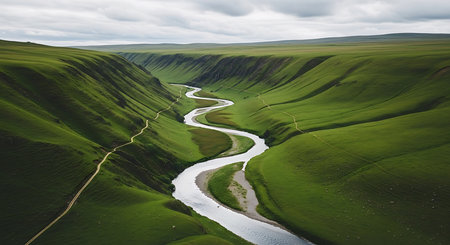 Aerial view of a river flowing through the green grassy hillsの素材