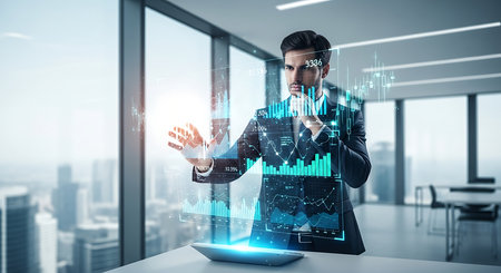 Businessman using laptop with glowing forex chart hologram on blurry office background. Finance and trade concept. Double exposureの素材