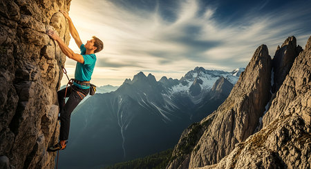 Rock climber reaching the top of a mountain with his hands upの素材