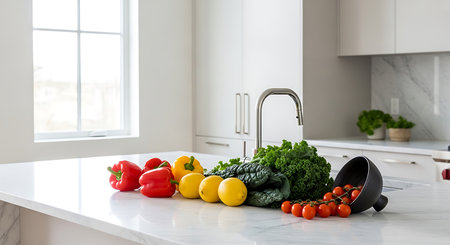 Fresh vegetables on white marble table in modern kitchen with faucetの素材