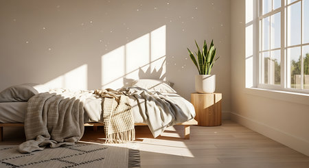 Interior of a modern bedroom with a large window. 3D renderingの素材