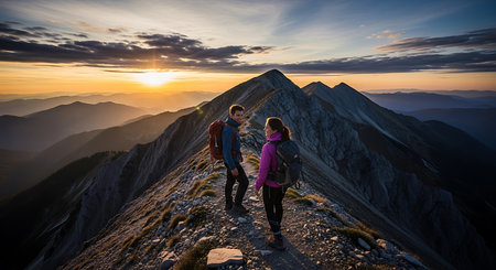 Couple of hikers on top of a mountain at sunset in the mountainsの素材