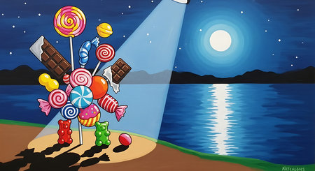 Illustration of a lollipops in front of a lakeの素材