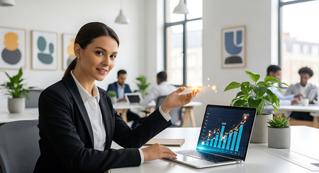 Attractive young businesswoman pointing at laptop with financial graph on screen in officeの素材