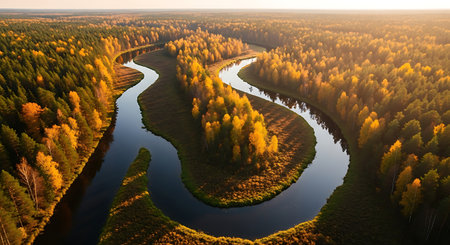 Aerial view of the river in the autumn forest at sunset.の素材