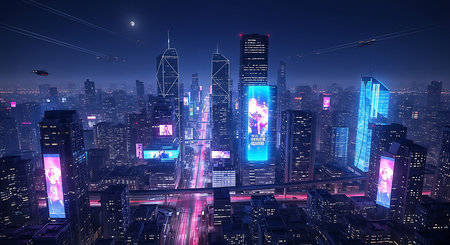 Futuristic city at night with neon lights. 3d renderingの素材