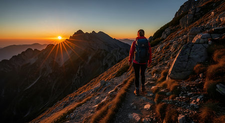 Hiker on the top of a mountain in the rays of the setting sunの素材