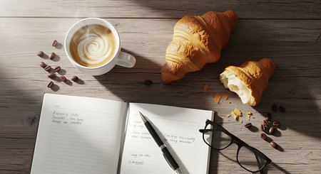 Cup of coffee, croissants and notebook on wooden tableの素材