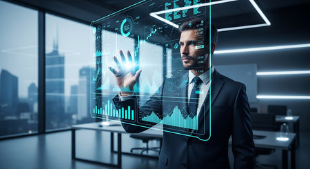 businessman touching with finger virtual panel with infographs on office backgroundの素材