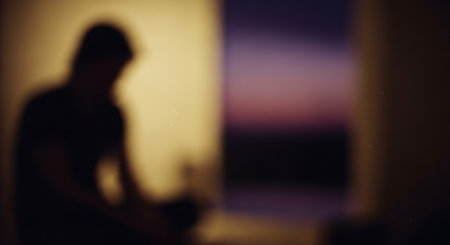 Blurred silhouette of a woman sitting in front of the window.の素材