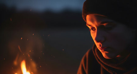 Portrait of a young man in a warm sweater and hat standing near the campfire.の素材