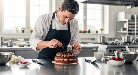 Handsome young man in apron is decorating a chocolate cake in the kitchen at home.の素材