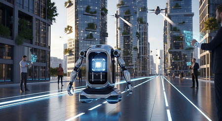 3d rendering humanoid robot running on road with cityscape in backgroundの素材