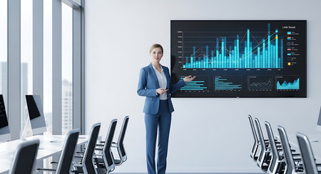 Young businesswoman in modern conference room using virtual panel with infographsの素材