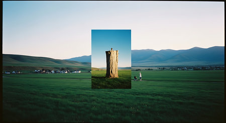 landscape with a tree in the middle of a meadow and mountainsの素材