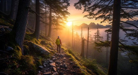 Hiker on the trail in the mountains at sunrise. Landscape photographyの素材