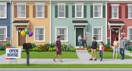 Real estate agent selling a house to a couple in front of the houseの素材