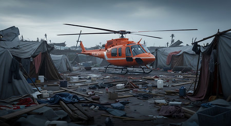 Abandoned military base with red helicopter and tents on the groundの素材