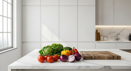 Interior of modern kitchen with white walls, white marble floor, white countertops with built in sink and cooker and fresh vegetables. 3d renderingの素材