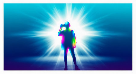 Silhouette of a man with binoculars on a blue backgroundの素材