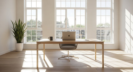 Modern office interior with wooden floor, panoramic window and daylight. 3D Renderingの素材