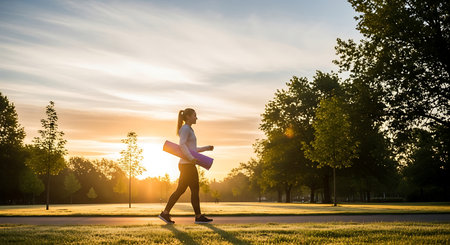 Athletic young woman in sportswear running and jogging in the park at sunsetの素材
