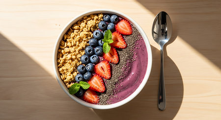 Healthy breakfast bowl with granola, blueberry and yogurt.の素材