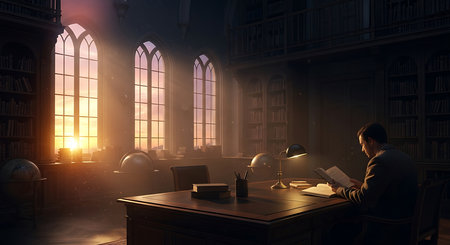 Young man in library. Mixed media. Mixed media. Mixed mediaの素材