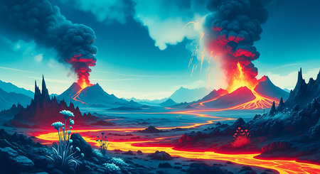 Volcanic eruption. 3D illustration. Fantasy planet landscape.の素材