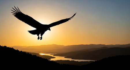 Silhouette of eagle flying over the mountains and lake at sunsetの素材
