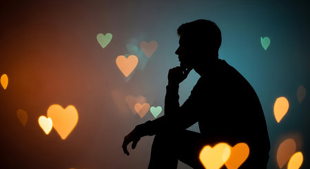Silhouette of thoughtful man against heart shaped bokeh backgroundの素材