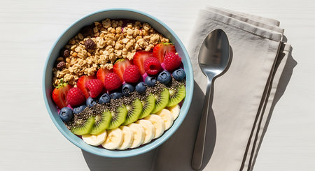 Healthy breakfast bowl with granola, fresh berries, banana and yogurt.の素材