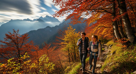 Hiking couple in the autumn mountains. Travel and adventure concept.の素材