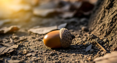 Acorn on the ground in the forest. Autumn nature background.の素材