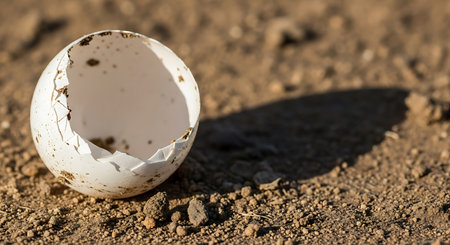 Broken egg shell in the ground. Close-up shot.の素材