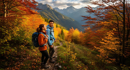 Couple hiking in the mountains during autumn season. Man and woman with backpacks are walking in the forest.の素材